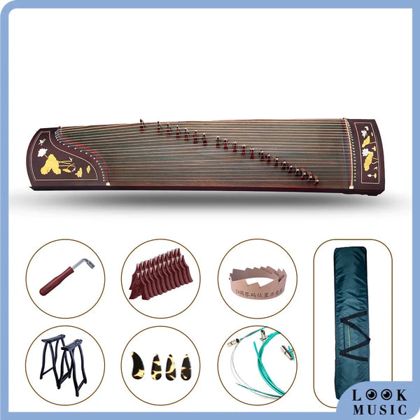 LOOK Advanced Grade Rosy Sandalwood Guzheng Abalone Shell Lotus Carved Chinese Zither Harp W/ Full Accessories For Performance