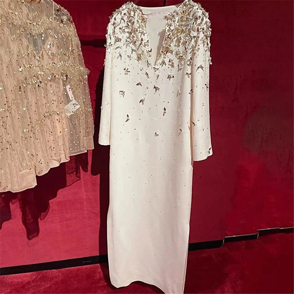 AOOKDRESS Luxury Handmade Sequins Beading Dress 2024 Spring Top Quality Silk Wool Women Clothes V Neck Straight Evening Dress