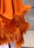 AOOKDRESS Luxury Handmade Women Clothes Fashion Orange Dress Loose Sexy Ostrich Feather 100% Mulberry Silk Long Dress