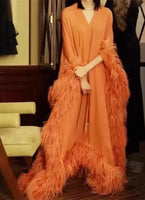 AOOKDRESS Luxury Handmade Women Clothes Fashion Orange Dress Loose Sexy Ostrich Feather 100% Mulberry Silk Long Dress