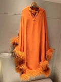 AOOKDRESS Luxury Handmade Women Clothes Fashion Orange Dress Loose Sexy Ostrich Feather 100% Mulberry Silk Long Dress