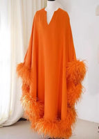 AOOKDRESS Luxury Handmade Women Clothes Fashion Orange Dress Loose Sexy Ostrich Feather 100% Mulberry Silk Long Dress