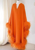 AOOKDRESS Luxury Handmade Women Clothes Fashion Orange Dress Loose Sexy Ostrich Feather 100% Mulberry Silk Long Dress