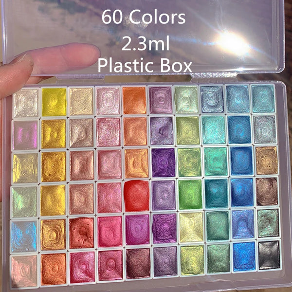 AOOKMIYA Panchromatic 2.3ml 60 Colors Watercolor Preadolescent Glitter Paints Set Tin Box Pigment Solid Paint Set Palette for Students