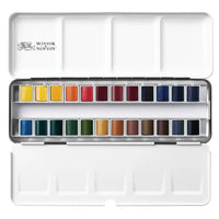 Professional Watercolour Travel Tin - 24/12 Half Pans Winsor&Newton Solid Watercolor Black Box Palette Brush for Artist Painter