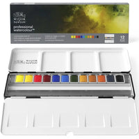 Professional Watercolour Travel Tin - 24/12 Half Pans Winsor&Newton Solid Watercolor Black Box Palette Brush for Artist Painter