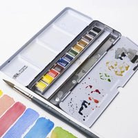 Professional Watercolour Travel Tin - 24/12 Half Pans Winsor&Newton Solid Watercolor Black Box Palette Brush for Artist Painter