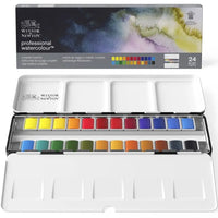 Professional Watercolour Travel Tin - 24/12 Half Pans Winsor&Newton Solid Watercolor Black Box Palette Brush for Artist Painter