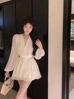 AOOKDRESS French romantic moonlight tulle long-sleeved dress female summer temperament small gentle wind waist lace-up skirt