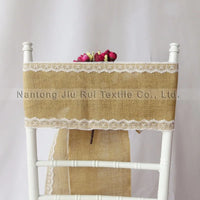 100pcs Hessian Jute Burlap Chair Sash with Lace at Side for Rustic Wedding Decoration