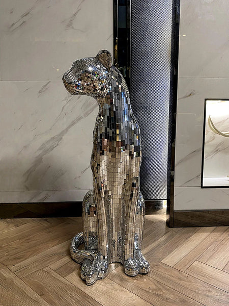 AOOKMIYA Leopard Sculpture Ornament, Glitter Glass Leopard Statue, Animal Cheetah Crafts, Nordic Room Decoration, Artwork Gift,Customized