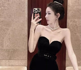 AOOKDRESS Black dress dress high-end light luxury small toasts wear temperament socialite velvet dress with chest