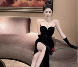 AOOKDRESS Black dress dress high-end light luxury small toasts wear temperament socialite velvet dress with chest