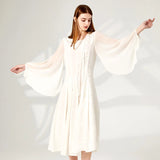 AOOKDRESS Silk Dark Jacquard White Asymmetric Neckline Long Sleeve Pearl Hole Decorative Silk Dress AY230