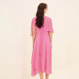 AOOKDRESS Silk Jacquard Oblique V-Neck Cover Shoulder Split Sleeve Loose Leaf Design with Contrast Panel Pink Party Dress Summer AY282