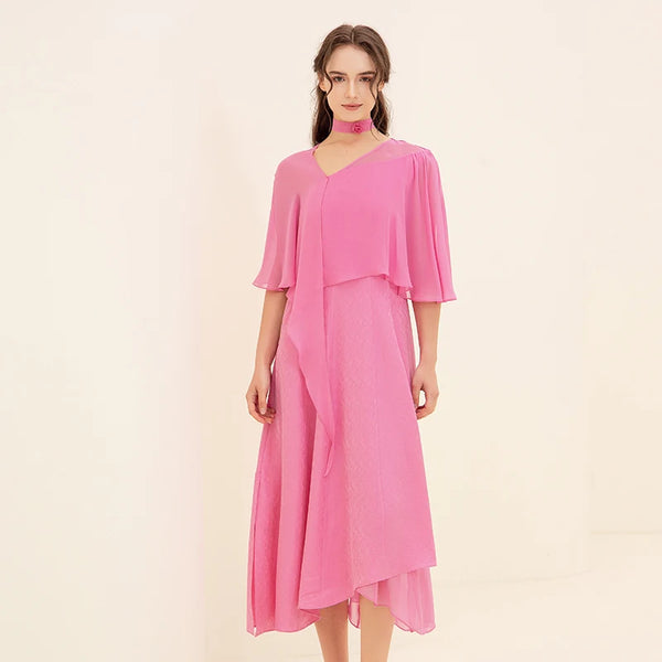 AOOKDRESS Silk Jacquard Oblique V-Neck Cover Shoulder Split Sleeve Loose Leaf Design with Contrast Panel Pink Party Dress Summer AY282