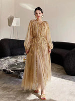 AOOKDRESS Top Quality 2024 Autumn Clothes Handmade Bling Bling Sequins Transparent Mesh Dress Puff Sleeve Big Swing Evening Dress