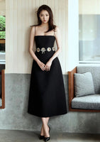 AOOKDRESS Top Quality Handmade Diamonds Hollow Out Silk Dress Sexy Spaghetti Strap Sleeveless Black Wool Evening Dress