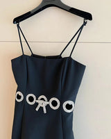 AOOKDRESS Top Quality Handmade Diamonds Hollow Out Silk Dress Sexy Spaghetti Strap Sleeveless Black Wool Evening Dress