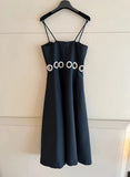 AOOKDRESS Top Quality Handmade Diamonds Hollow Out Silk Dress Sexy Spaghetti Strap Sleeveless Black Wool Evening Dress