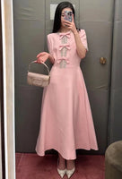 AOOKDRESS Top Quality Handmade Diamonds Slim Big Swing A-Line Blue Silk Dress Cute Bow Pink O Neck Short Sleeve Wool Long Dress