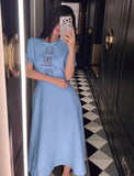 AOOKDRESS Top Quality Handmade Diamonds Slim Big Swing A-Line Blue Silk Dress Cute Bow Pink O Neck Short Sleeve Wool Long Dress