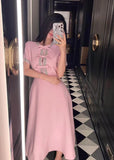 AOOKDRESS Top Quality Handmade Diamonds Slim Big Swing A-Line Blue Silk Dress Cute Bow Pink O Neck Short Sleeve Wool Long Dress