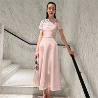 AOOKDRESS Top Quality Silk Wool Dress Three-dimensional Flower Hollow Out Clothes O Neck Short Sleeve Slim A-Line Long Dresses