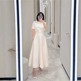 AOOKDRESS Top Quality Silk Wool Dress Three-dimensional Flower Hollow Out Clothes O Neck Short Sleeve Slim A-Line Long Dresses