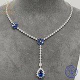 AOOKMIYA WUIHA Pear Cut Lab Sapphire High Carbon Diamonds Gemstone Flower Necklaces Anniversary Cocktail 925 Sterling Silver Fine Jewelry