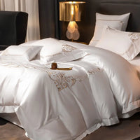 White Silver 1000TC Egyptian Cotton Soft Bedding Set Luxury Chic Embroidery Comforter Cover Flat/Fitted Bed Sheet Pillowcases