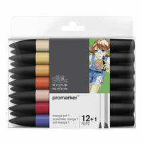 Winsor & Newton Promarker Manga Pen Set 12+1 Marker Pens 13 pieces Sketch Markers Alcohol Based Twin Tip Manga Painting Pens