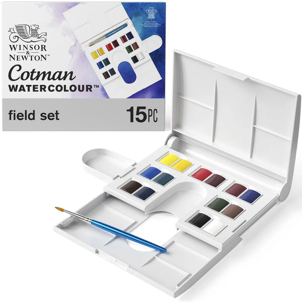 Winsor e Newton-Algodão Conjunto de Tintas Aquarela, Pincel, Paleta de Mistura, Desenho, Meia Panelas, 14 cores