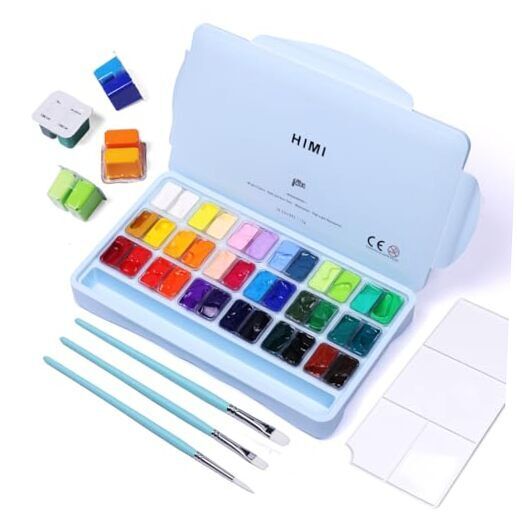 HIMI Gouache Paint Set, 36 Colors x 12ml Twin Jelly Cup Design with 3 Paint