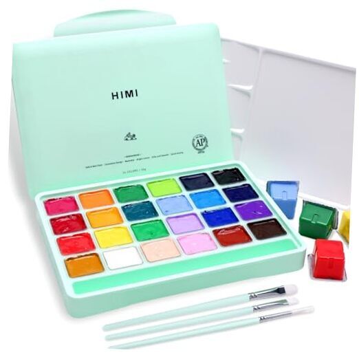 HIMI Gouache Paint Set, 24 Colors x 30ml Unique Jelly Cup Design with 3 Green