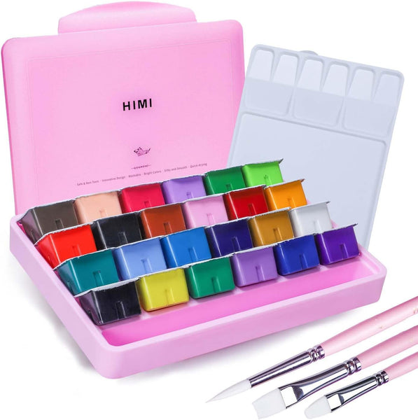 HIMI Gouache Paints set, 24 Colors, 30ml, 24 US fl oz, Jelly Cup Design with 3 P