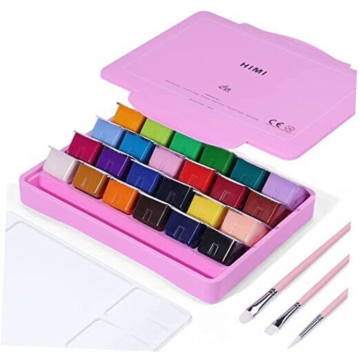 HIMI Gouache Paint Set, 24 Colors x 30ml Unique Jelly Cup Design with 3 Pink