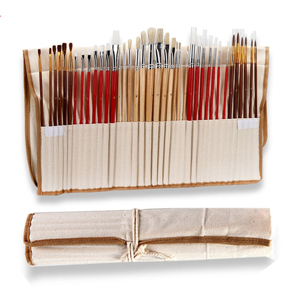 36/38 pcs Paint Brushes Set with Canvas Bag Case Long Wooden Handle Synthetic Hair Oil Acrylic Watercolor Painting Art Supplies