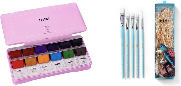 HIMI Gouache Paint Set 18 Colors X 30 ml/Cup (Pink Case)+HIMI Gouache Paintbrush Set 5PCS