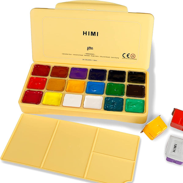 HIMI Gouache Paint Set, 18 Colors x 30ml with a Palette & a Carrying Case, Unique Jelly Cup Design, Miya Guache Paint on Canvas Watercolor Paper - Perfect for Beginners, Students, Artists(Yellow Case)