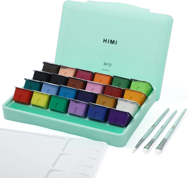 HIMI Gouache Paint Sets, 24 Colors x 30ml/1oz with 5 Brushes & a