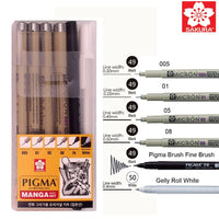 6PCS Sakura Pigma Micron Pen,Archival Pigment Ink Drawing Pens Manga Set (005, 01, 05, 08, FB brush pen, Gelly roll pen white)