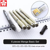 6PCS Sakura Pigma Micron Pen,Archival Pigment Ink Drawing Pens Manga Set (005, 01, 05, 08, FB brush pen, Gelly roll pen white)