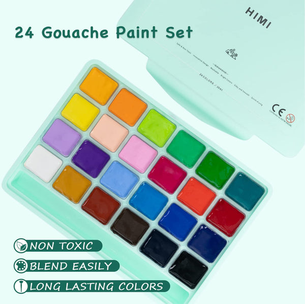 HIMI 24 Colors Gouache Paint Set+8 PCS Gouache Paint Brushes
