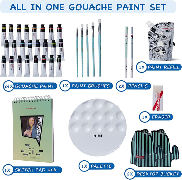 HIMI Gouache Paint Set 24 Colors x 12ml 5 Brushes Palette Pencils Eraser  Bucket