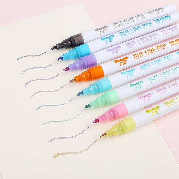 8 pcs/set Double Lines Contour Color Art Marker Pens DIY Scrapbooking  Bullet Diary Graffiti Drawing Out Line Pen Stationery