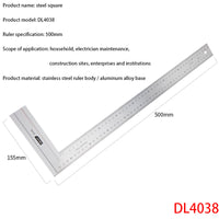 Deli DL4038 Steel Square Measuring Tools Specification: 500mm Stainless Steel Tape + Aluminum Alloy Base Dual Scale Design