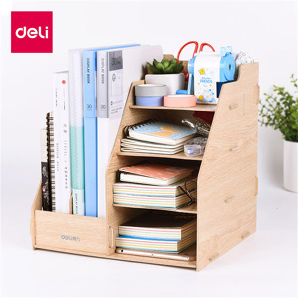 Deli Multi-function Wooden Office Desk Organizer Simple DIY Desktop Storage Book Learning Pen Holder Office Supplies