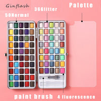 Ginflash 48/90 cor sólida conjunto de pintura em aquarela glitter caixa de metal portátil aguarela pigmento iniciante desenho suprimentos de papel