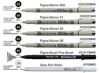 Sakura 6pcs Pigma Micron Pen,Archival Pigment Ink Technical Drawing Pen Manga for Artist 005,01,05,08,FB Brush,Gelly roll White